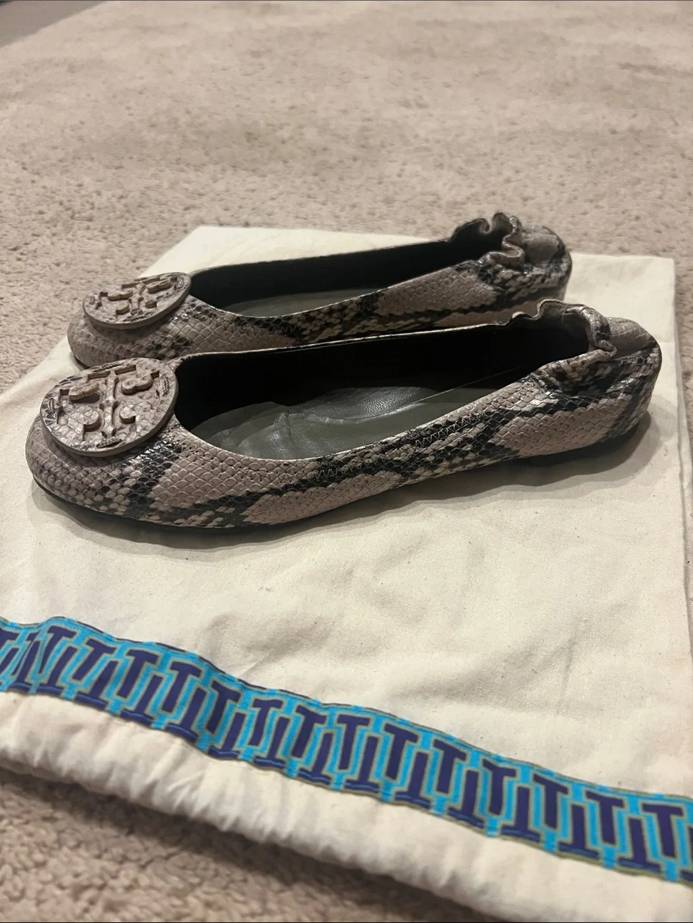 Tory Burch Snakeskin-Print Reva Ballet Flats in Taupe - Picture 3 of 7